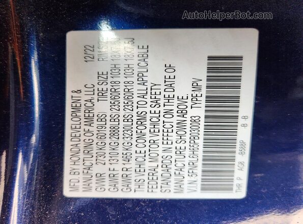 5FNRL6H65PB030083 2023 HONDA ODYSSEY Blue VIN კოდის სტიკერის ხედი