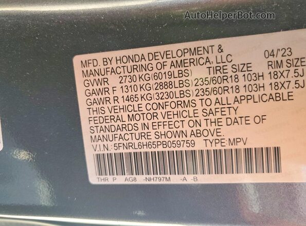 5FNRL6H65PB059759 2023 HONDA ODYSSEY Серый Вид наклейки с VIN-кодом