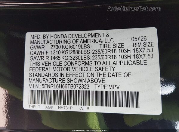 5FNRL6H66TB072823 2026 HONDA ODYSSEY Black Engine compartment view
