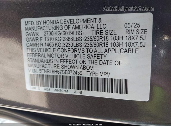 5FNRL6H67SB072439 2025 HONDA ODYSSEY Gray Widok komory silnika