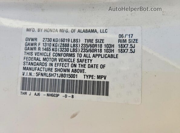 5FNRL6H71JB015001 2018 HONDA ODYSSEY White Widok wnętrza 360 stopni