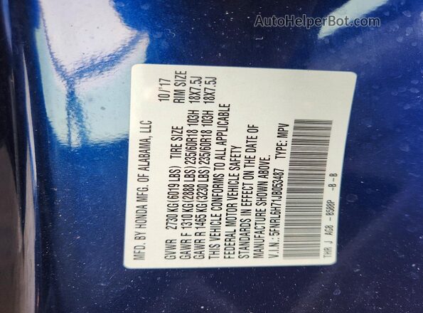 5FNRL6H71JB053487 2018 HONDA ODYSSEY Blue VIN კოდის სტიკერის ხედი