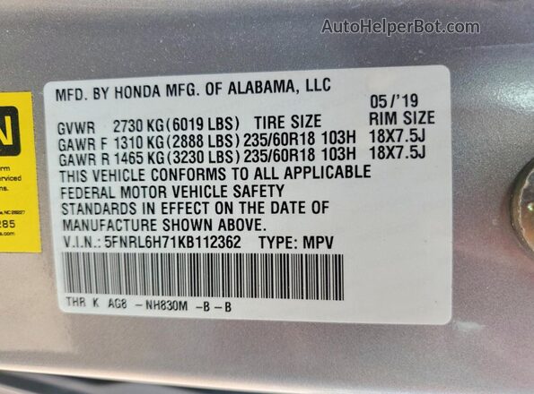 5FNRL6H71KB112362 2019 HONDA ODYSSEY White Вид наклейки з VIN-кодом