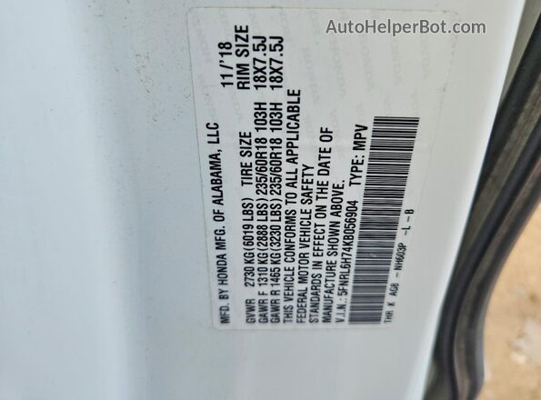 5FNRL6H74KB056904 2019 HONDA ODYSSEY White Vista de la etiqueta del VIN