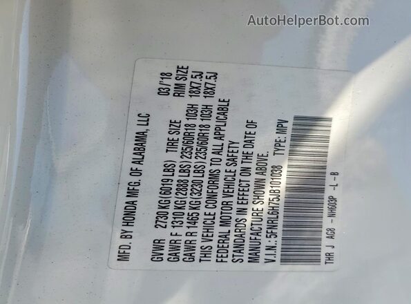 5FNRL6H75JB101038 2018 HONDA ODYSSEY White Vista de la etiqueta del VIN