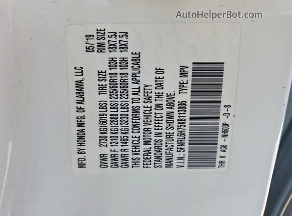 5FNRL6H75KB113806 2019 HONDA ODYSSEY White Widok wnętrza 360 stopni