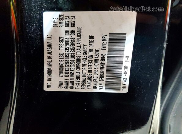 5FNRL6H76KB130145 2019 HONDA ODYSSEY Black Vista de la etiqueta del VIN