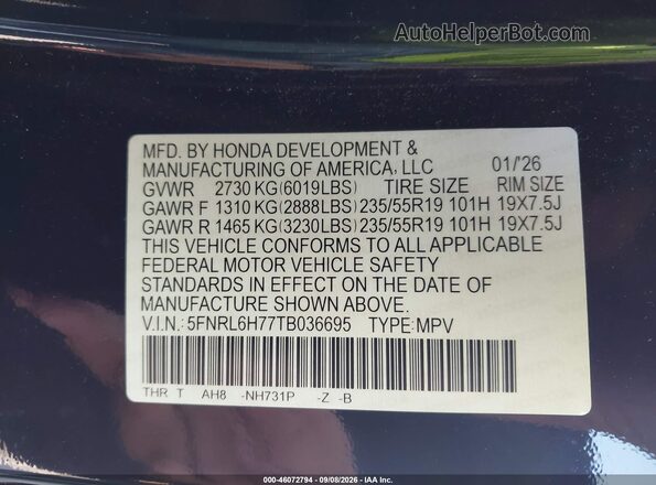 5FNRL6H77TB036695 2026 HONDA ODYSSEY Black Widok komory silnika