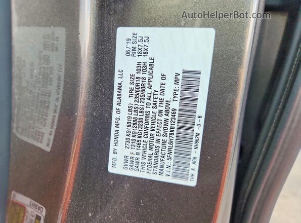 5FNRL6H78KB123469 2019 HONDA ODYSSEY Gray Vista de la etiqueta del VIN