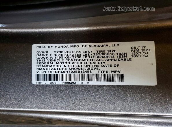 5FNRL6H79JB012458 2018 HONDA ODYSSEY Gray Вид наклейки з VIN-кодом