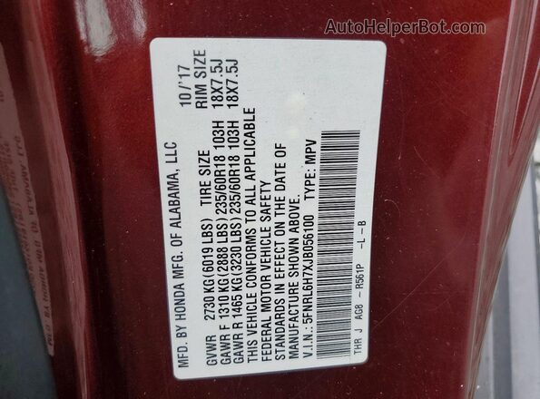 5FNRL6H7XJB056100 2018 HONDA ODYSSEY Burgundy VIN კოდის სტიკერის ხედი