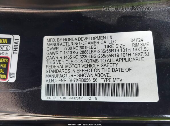 5FNRL6H7XRB056156 2024 HONDA ODYSSEY Black Вид підкапотного простору