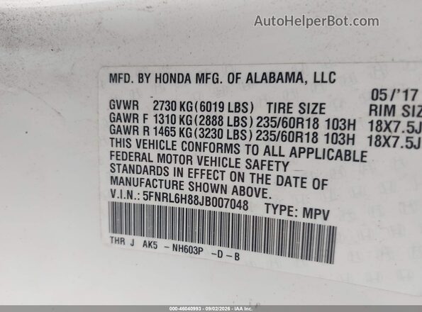 5FNRL6H88JB007048 2018 HONDA ODYSSEY White Շարժիչի բաժամունքի տեսք