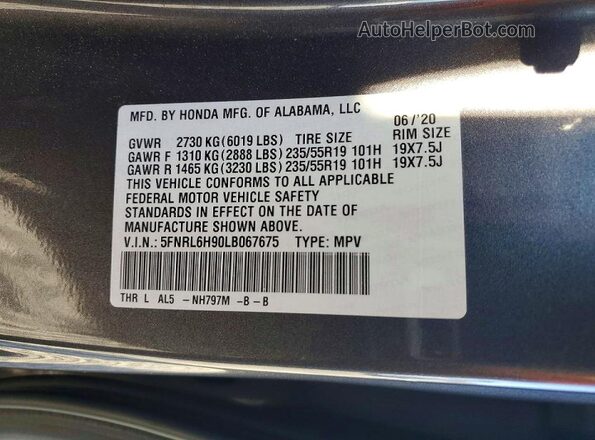 5FNRL6H90LB067675 2020 HONDA ODYSSEY Gray Widok naklejki z numerem VIN