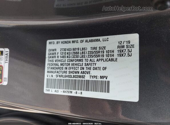 5FNRL6H93LB039692 2020 HONDA ODYSSEY Gray Widok komory silnika