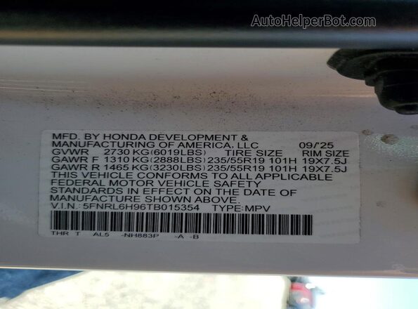 5FNRL6H96TB015354 2026 HONDA ODYSSEY White სალონის 360-გრადუსიანი ხედი