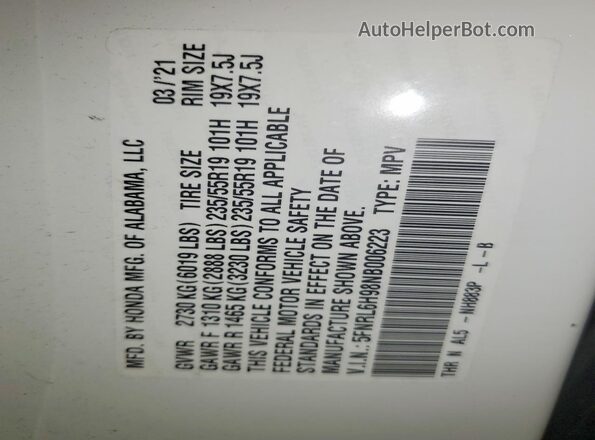 5FNRL6H98NB006223 2022 HONDA ODYSSEY White VIN sticker view