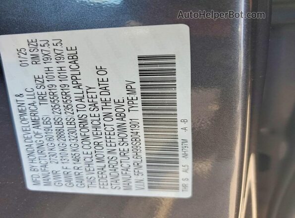 5FNRL6H99SB041901 2025 HONDA ODYSSEY Gray Вид наклейки з VIN-кодом