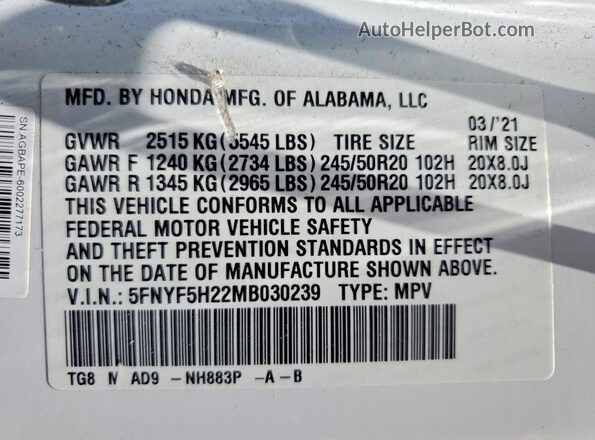 5FNYF5H22MB030239 2021 HONDA PILOT White Սալոնի 360 աստիճան տեսք