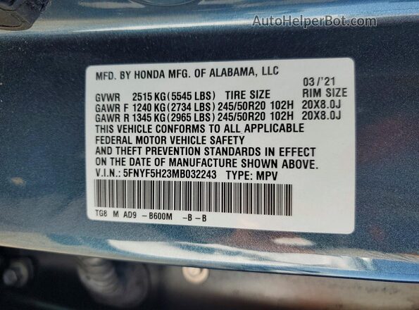 5FNYF5H23MB032243 2021 HONDA PILOT Blue Widok naklejki z numerem VIN