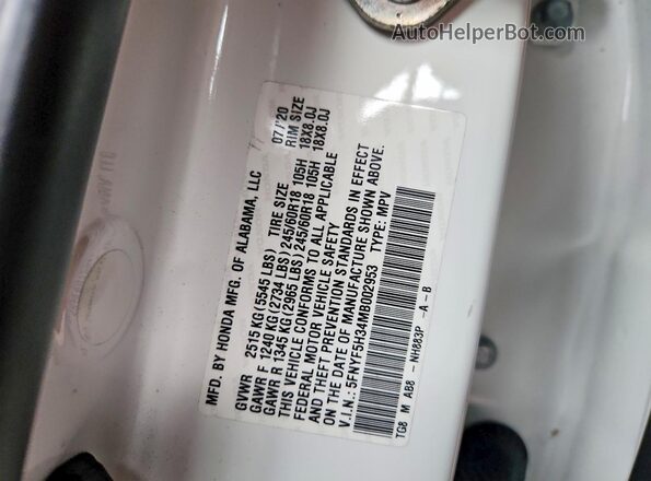 5FNYF5H34MB002953 2021 HONDA PILOT White Вид наклейки з VIN-кодом