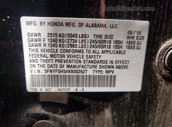5FNYF5H54KB002627 2019 HONDA PILOT Black VIN კოდის სტიკერის ხედი