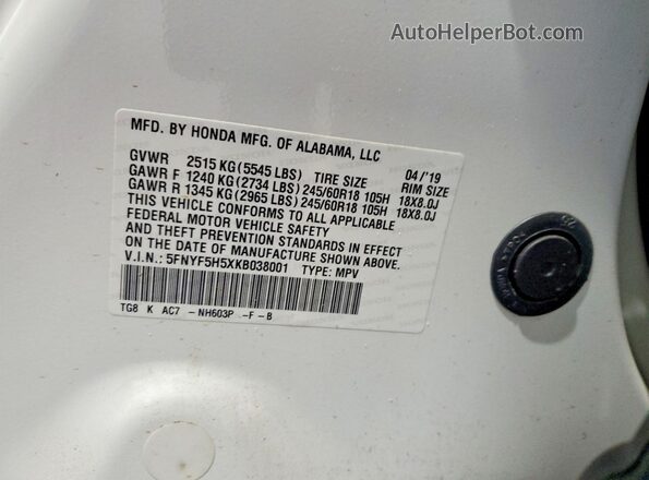 5FNYF5H5XKB038001 2019 HONDA PILOT White 360 interior view