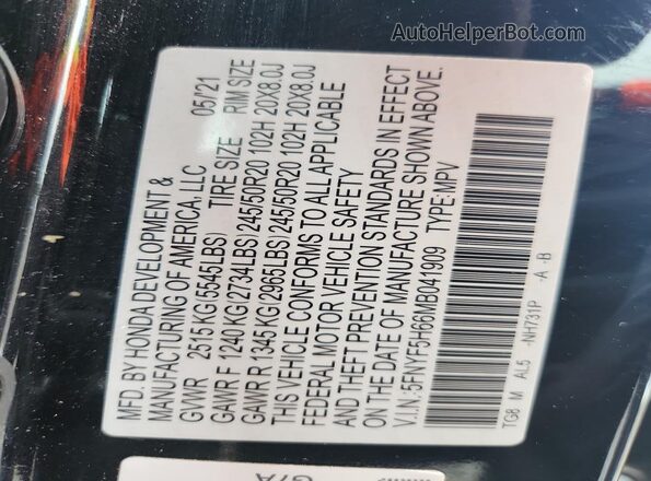 5FNYF5H66MB041909 2021 HONDA PILOT Black Vista de la etiqueta del VIN