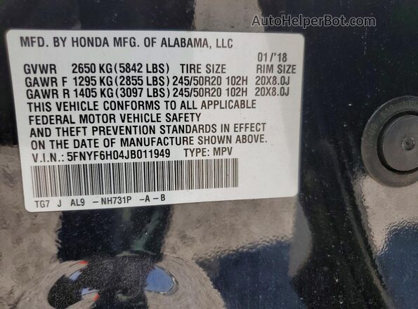 5FNYF6H04JB011949 2018 HONDA PILOT Black Widok wnętrza 360 stopni