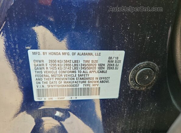 5FNYF6H06KB008357 2019 HONDA PILOT Blue Widok wnętrza 360 stopni
