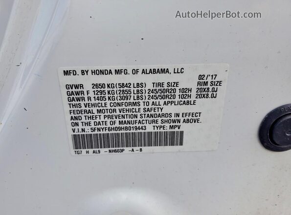 5FNYF6H09HB019443 2017 HONDA PILOT Белый Панорамный вид салона 360°