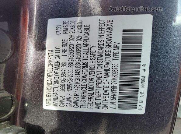 5FNYF6H27MB098753 2021 HONDA PILOT Gray Вид підкапотного простору