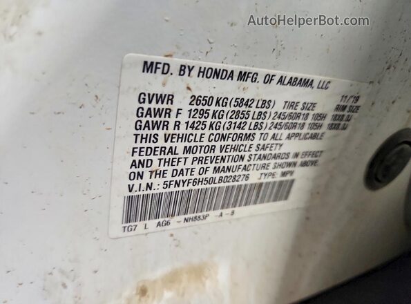 5FNYF6H50LB028276 2020 HONDA PILOT White Widok naklejki z numerem VIN