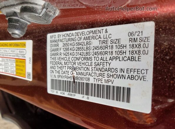 5FNYF6H51MB090108 2021 HONDA PILOT Maroon Widok naklejki z numerem VIN