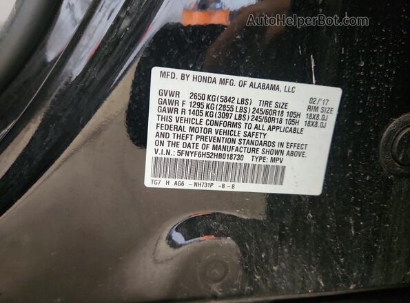 5FNYF6H52HB018730 2017 HONDA PILOT Black Widok naklejki z numerem VIN