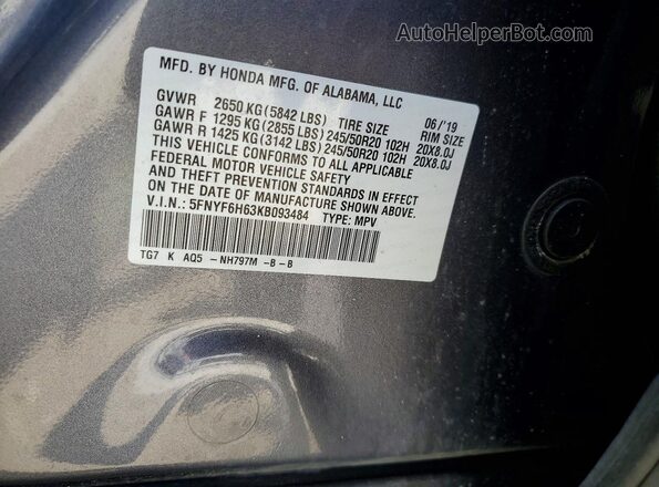 5FNYF6H63KB093484 2019 HONDA PILOT Серый Вид наклейки с VIN-кодом