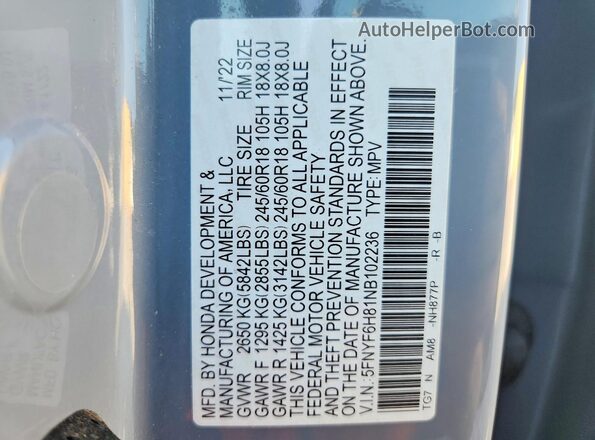 5FNYF6H81NB102236 2022 HONDA PILOT Gray სალონის 360-გრადუსიანი ხედი