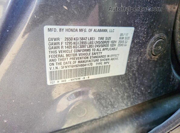 5FNYF6H92HB041170 2017 HONDA PILOT Gray Widok naklejki z numerem VIN