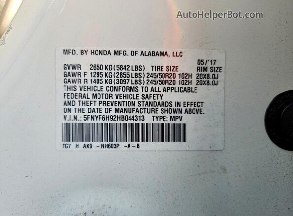 5FNYF6H92HB044313 2017 HONDA PILOT White Widok naklejki z numerem VIN
