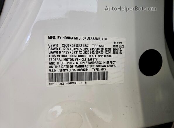 5FNYF6H95LB030754 2020 HONDA PILOT White Vista interior de 360 grados