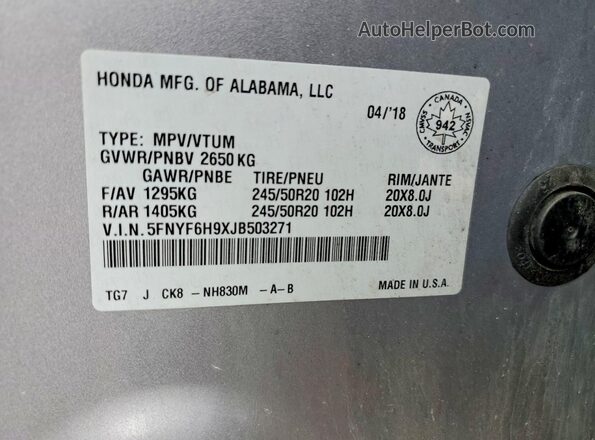 5FNYF6H9XJB503271 2018 HONDA PILOT Silver Вид наклейки з VIN-кодом