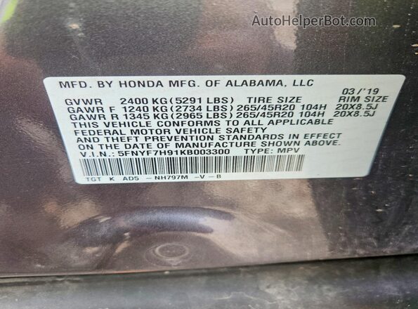 5FNYF7H91KB003300 2019 HONDA PASSPORT Black Vista de la etiqueta del VIN
