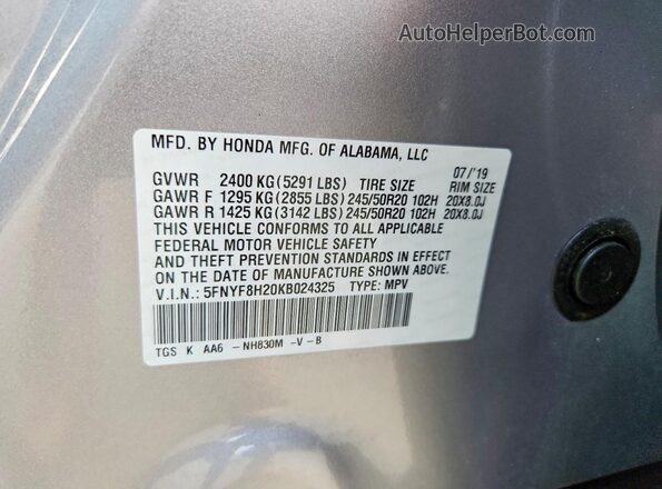 5FNYF8H20KB024325 2019 HONDA PASSPORT Silver VIN კოდის სტიკერის ხედი
