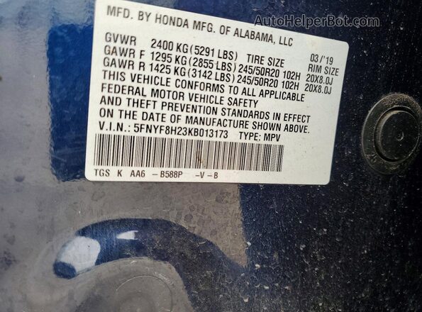5FNYF8H23KB013173 2019 HONDA PASSPORT Blue VIN sticker view