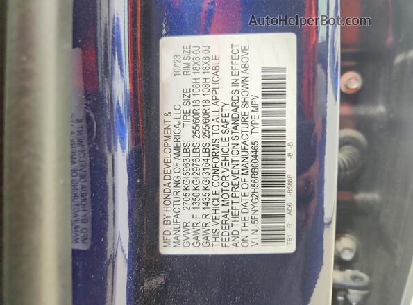 5FNYG2H56RB004465 2024 HONDA PILOT Blue Вид наклейки з VIN-кодом