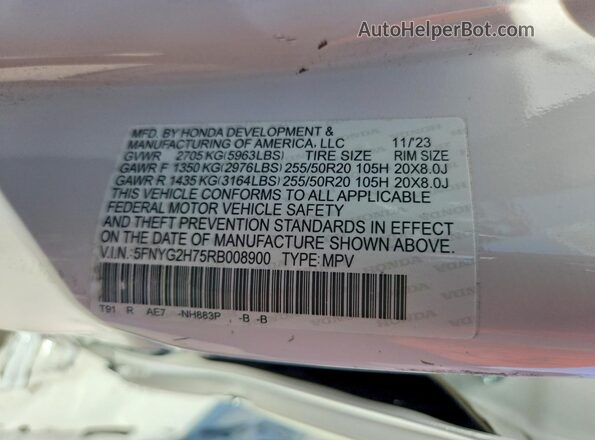 5FNYG2H75RB008900 2024 HONDA PILOT White Панорамний вид салону 360°