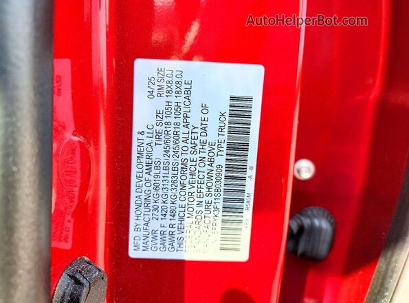 5FPYK3F11SB030909 2025 HONDA RIDGELINE Красный Вид наклейки с VIN-кодом