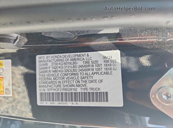 5FPYK3F21RB028192 2024 HONDA RIDGELINE Black Widok naklejki z numerem VIN