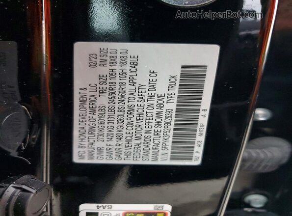 5FPYK3F52PB026393 2023 HONDA RIDGELINE Черный Вид наклейки с VIN-кодом