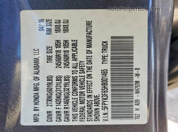 5FPYK3F65HB001465 2017 HONDA RIDGELINE Gray Widok naklejki z numerem VIN